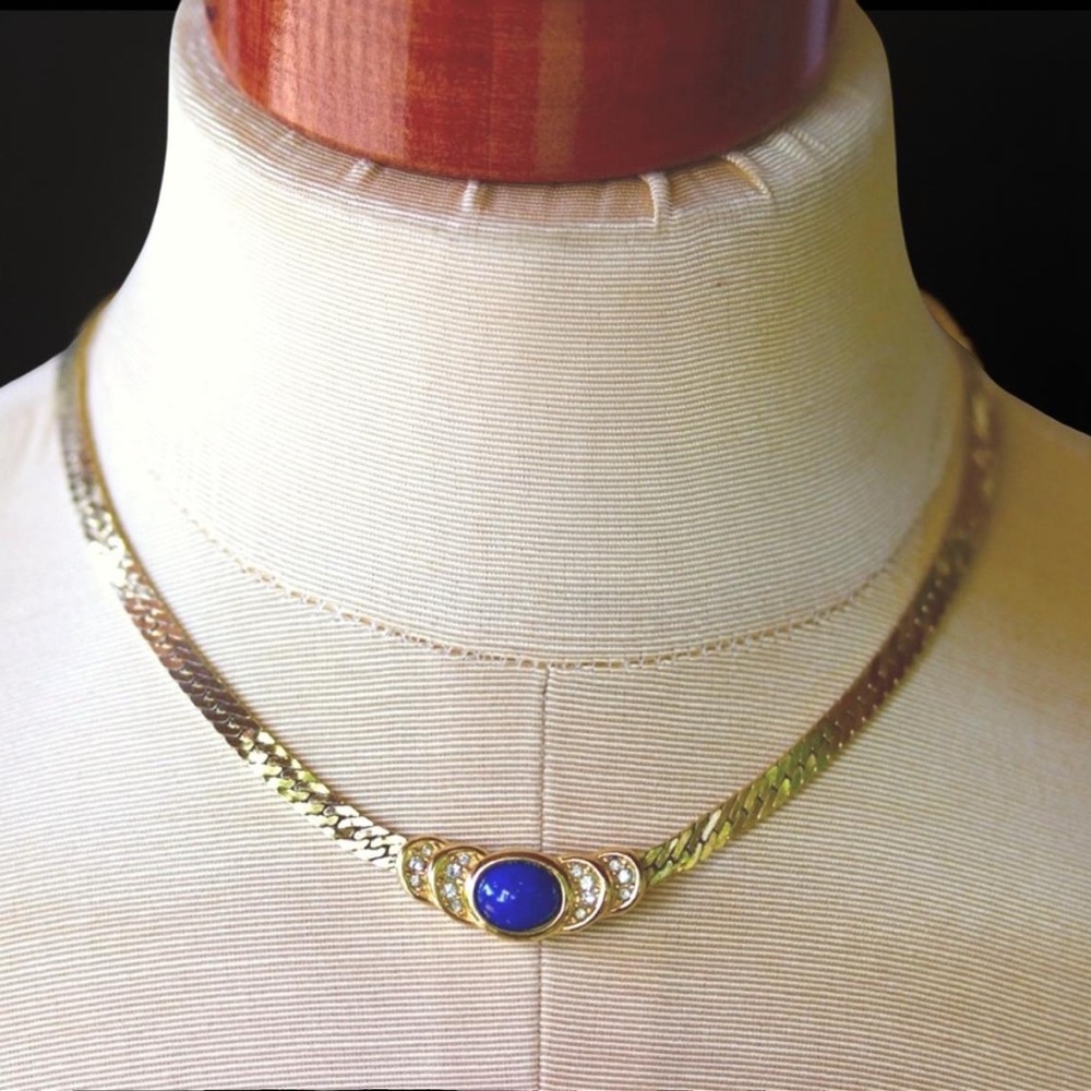 Christian Dior Vintage 80’s Lapis Blue Stone Gold Designer Necklace